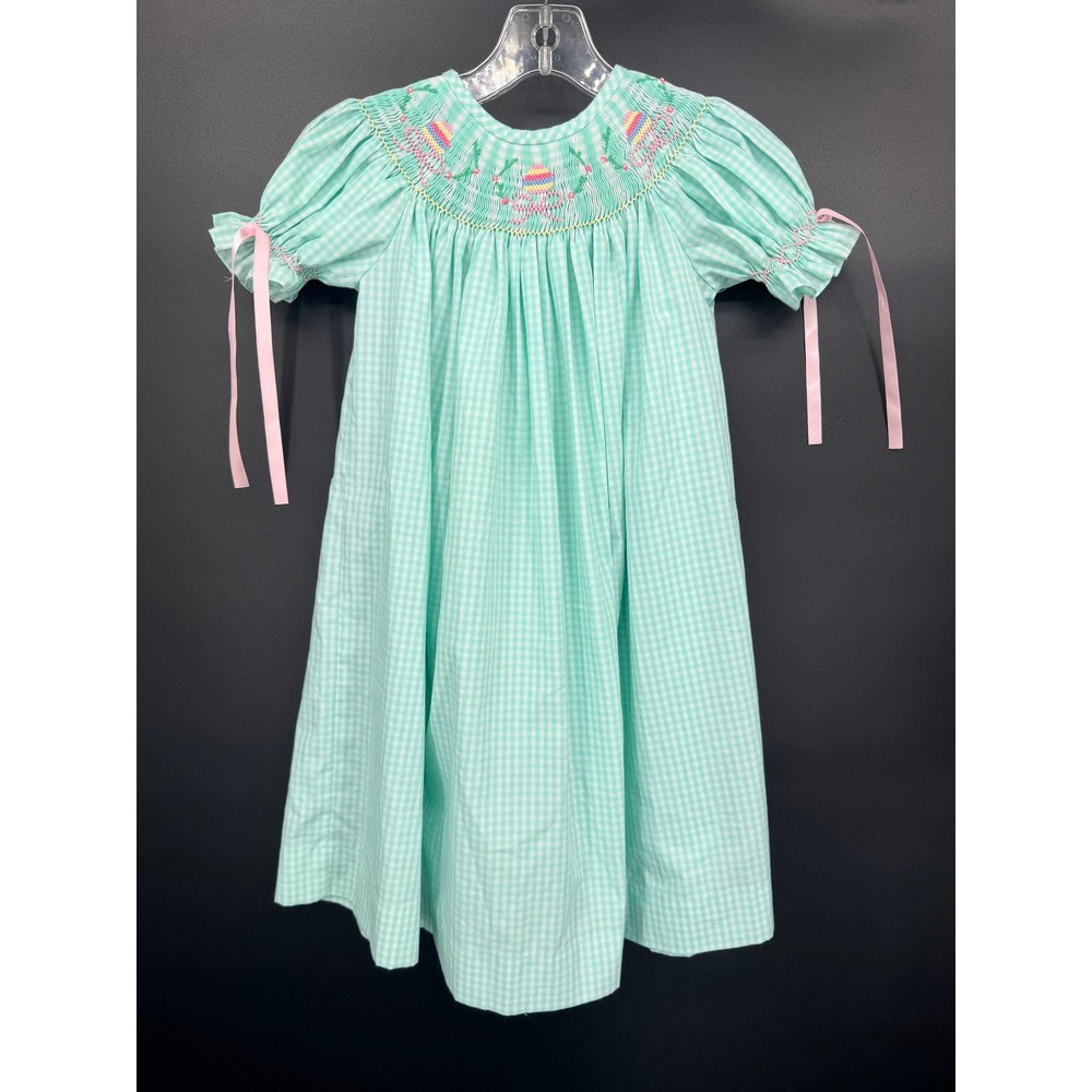Stitchy Fish Smocked Dress Kids 4T Mint Gingham Excellent Easter Embroidery